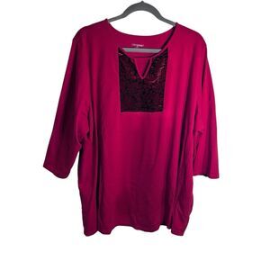 Catherine’s 3x Women’s Top. Red W/ Black And Red Print At Neck 3/4 Length Sleeve